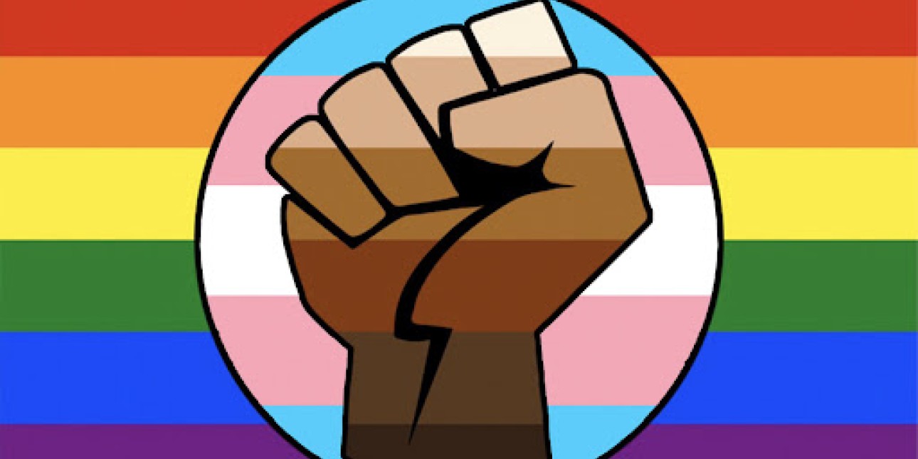 illustration of a pride flag with an overlay of the trans pride flag in a circle with a black fist
