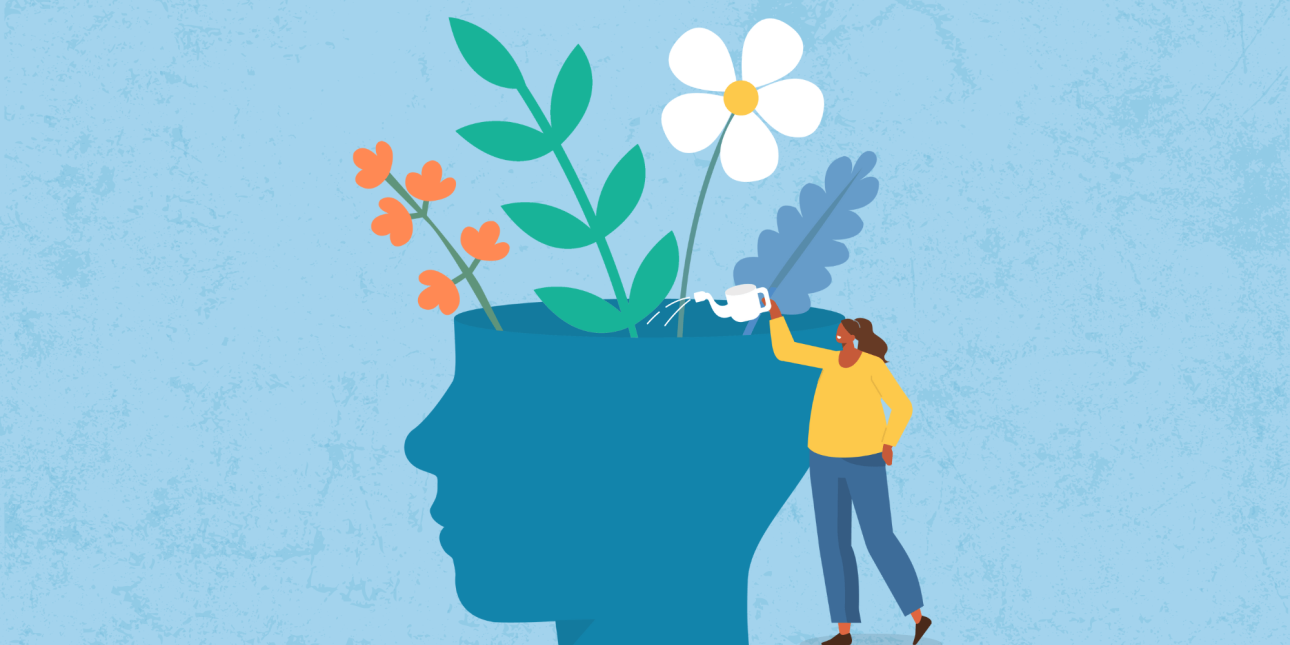 Illustration: A woman water a giant head with flowers and plants growing from inside.
