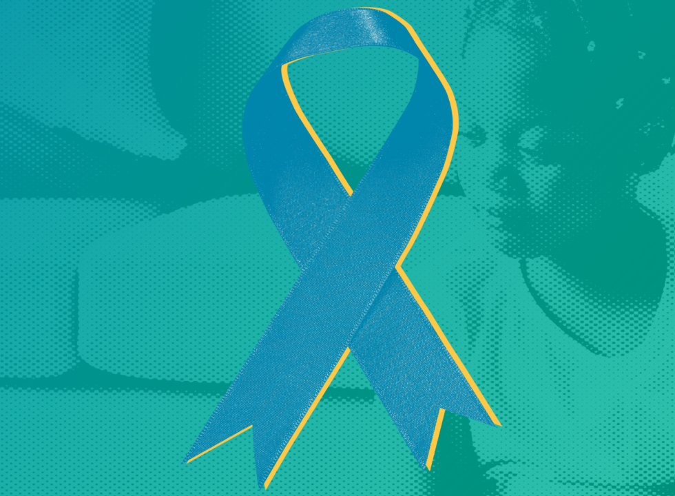 A blue ribbon on a green background.