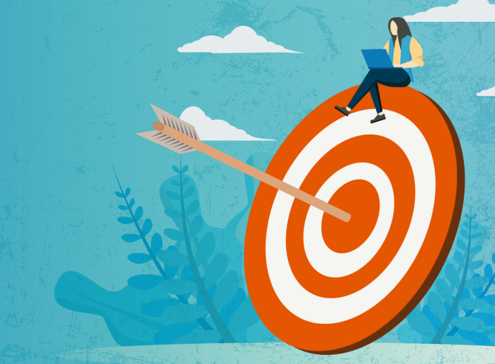 Illustration, a woman working on a laptop while sitting on top of a giant bullseye