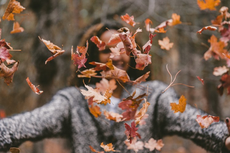 Person throwing leaves in the air