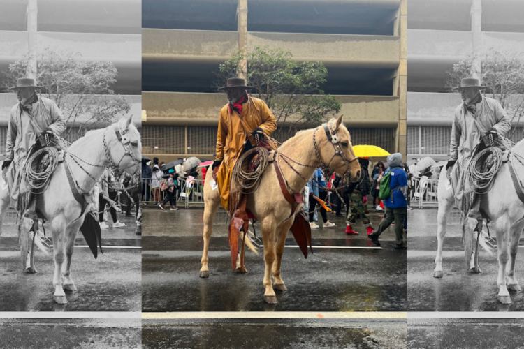 A Black cowboy sitting atop a beige horse looking behind him, while the horse prepares to walk forward. Picture taken during the annual Black Joy Parade.