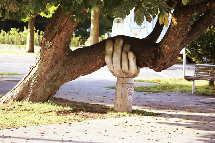 a carving of a hand holding up a tree branch in a park