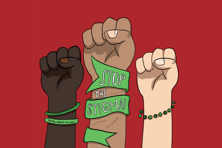 three illustrated fists raise with a banner wrapped around one wrist reading "Stop the Stigma"