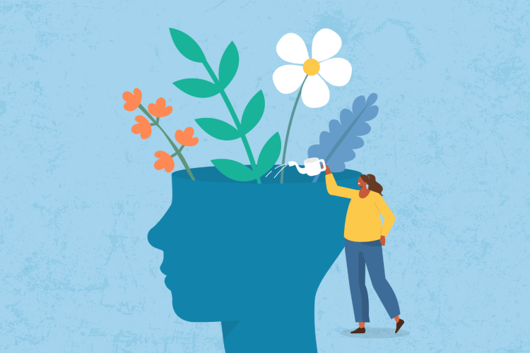 Illustration: A woman water a giant head with flowers and plants growing from inside.